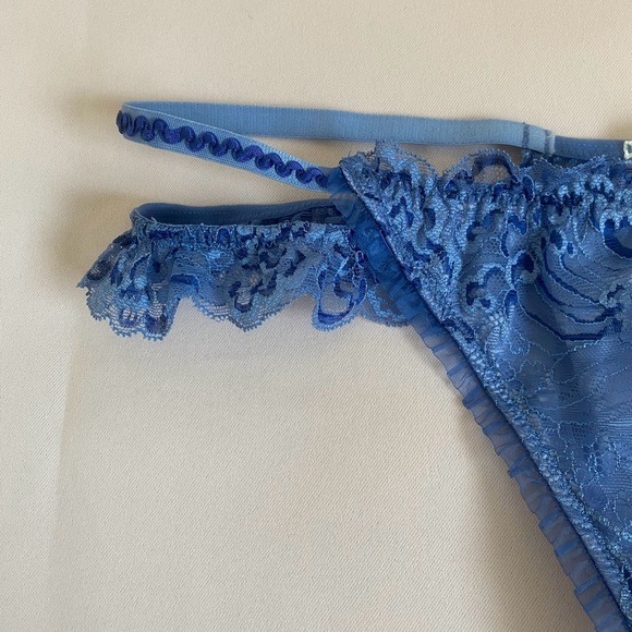 Pleasure State Blue Lace Double Strap Ruffled Lace Trim Thong, M - Picture 2 of 4